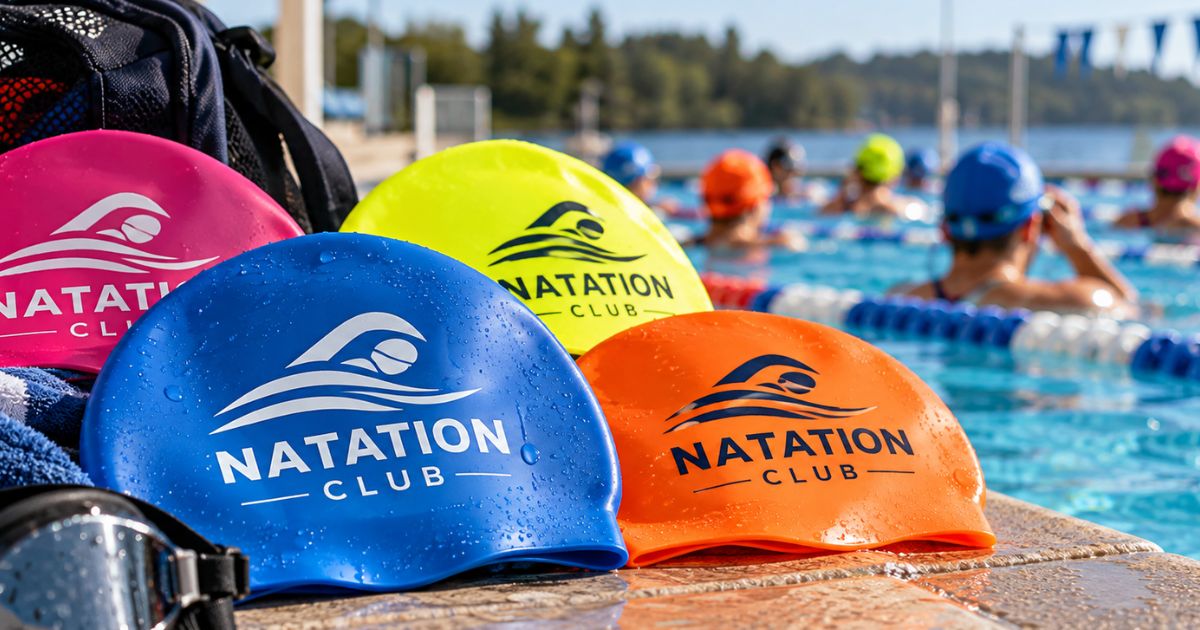 Bonnets de bain personnalisés bleu, jaune, orange et rose au logo d'un club de natation, posés au bord d'une piscine pendant un entraînement