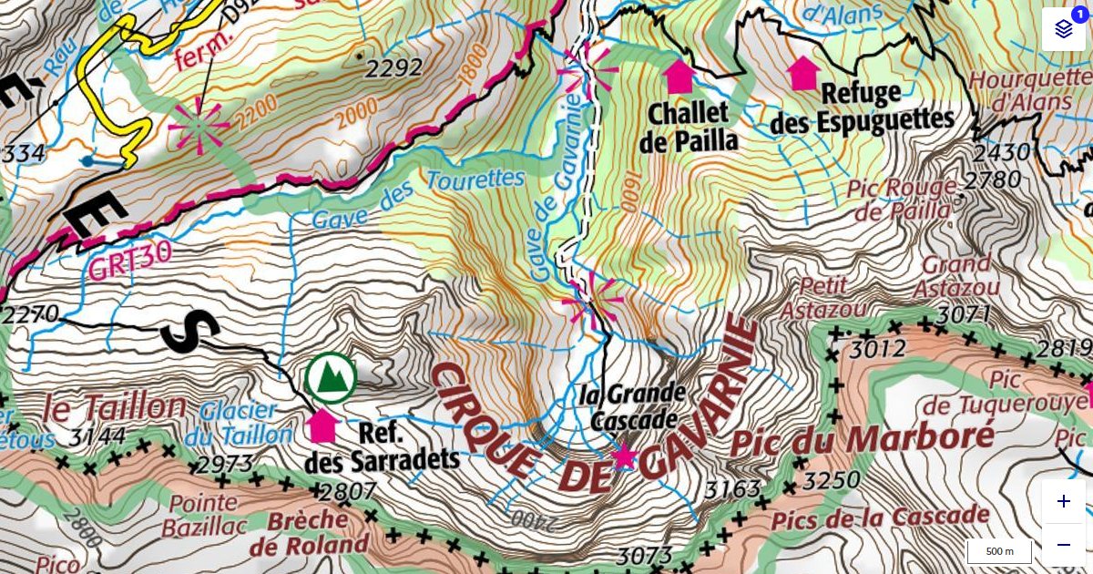 Carte IGN classique du cirque de Gavarnie avec la Grande Cascade, la brèche de Roland, le refuge des Sarradets et le pic du Marboré