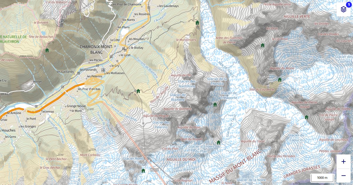 Plan IGN du massif du Mont-Blanc entre Chamonix, la mer de Glace et l’aiguille du Midi, affiché sur cartes.gouv.fr