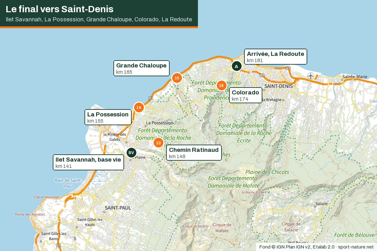 Extrait de carte IGN du nord-ouest de La Réunion entre Ilet Savannah, La Possession, la Grande Chaloupe, le Colorado et le stade de La Redoute à Saint-Denis