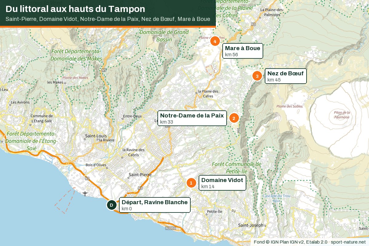 Extrait de carte IGN du sud de La Réunion entre Saint-Pierre et la plaine des Cafres, avec le départ, Domaine Vidot, Notre-Dame de la Paix, Nez de Bœuf et Mare à Boue