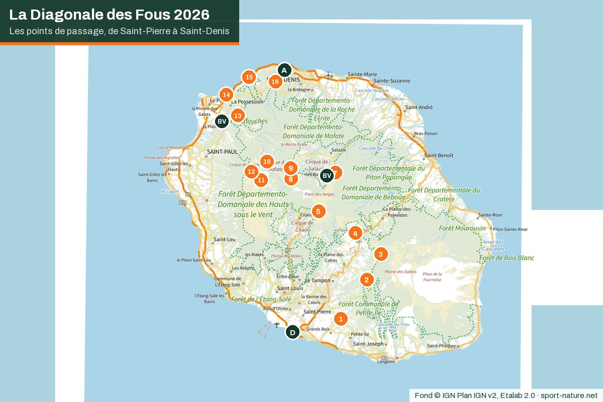 Carte IGN de La Réunion avec les points de passage de la Diagonale des Fous 2026, du départ de Saint-Pierre à l’arrivée de Saint-Denis