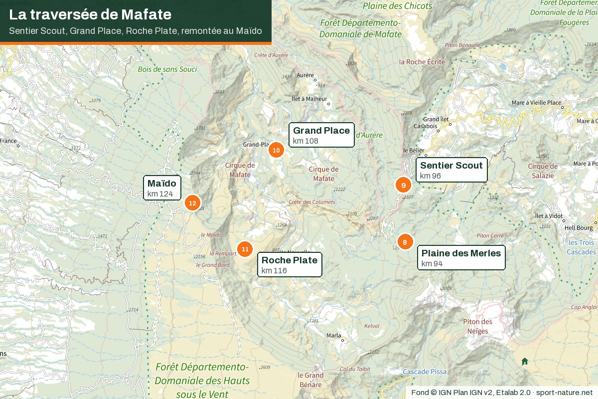 Extrait de carte IGN du cirque de Mafate avec la plaine des Merles, le sentier Scout, Grand Place, Roche Plate et le Maïdo