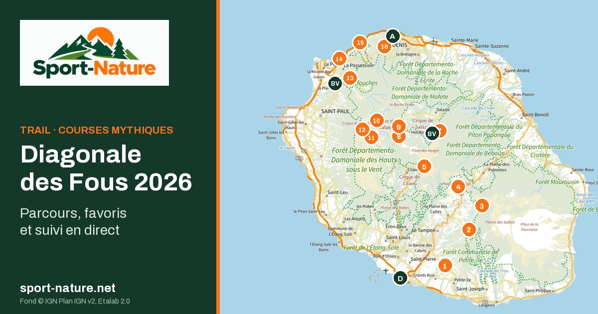 Carte IGN de La Réunion avec les points de passage de la Diagonale des Fous 2026