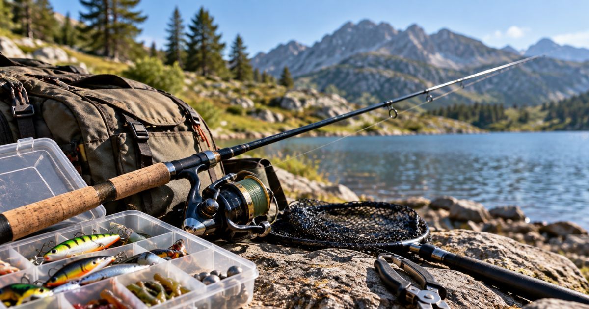 Canne à pêche, moulinet, boîte de leurres, épuisette et sac posés sur un rocher au bord d’un lac de montagne