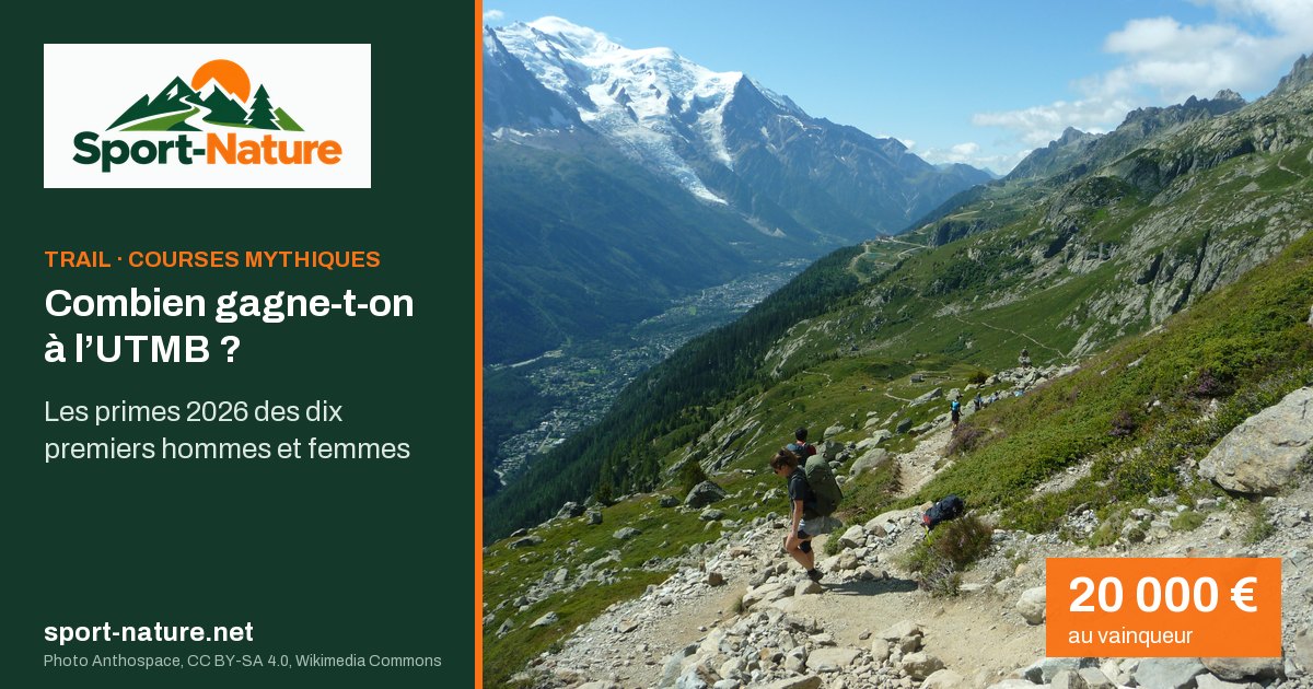 Sentier du parcours de l’UTMB au-dessus de Chamonix, face au mont Blanc, avec le montant de 20 000 euros au vainqueur