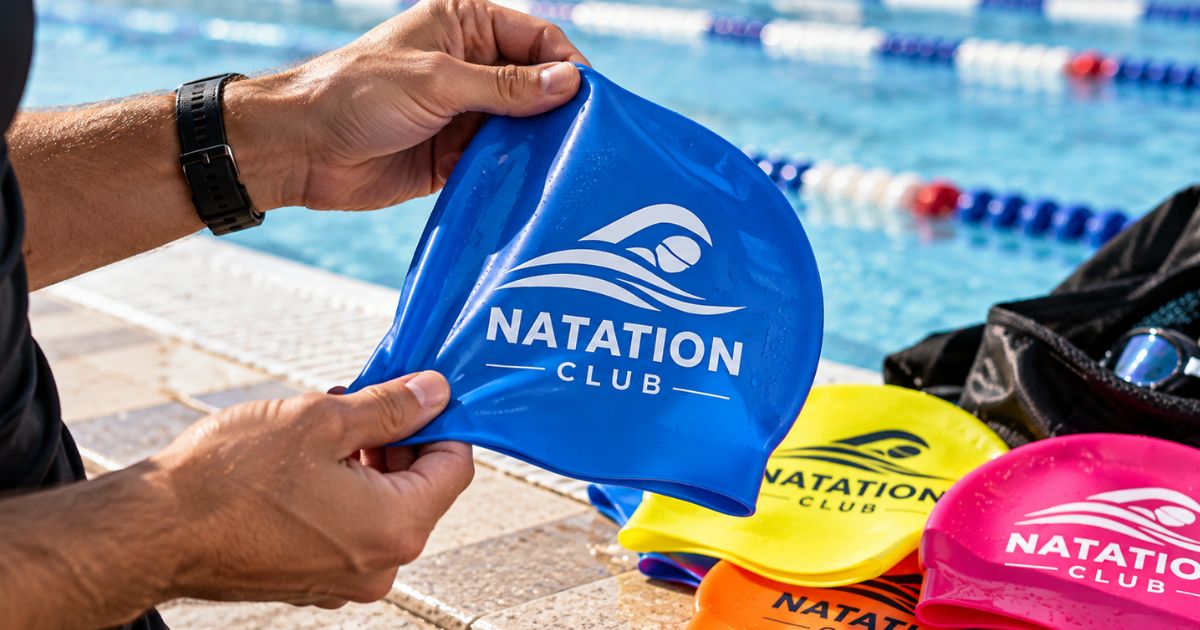 Mains tendant un bonnet de bain en silicone bleu imprimé du logo d'un club de natation, au bord d'un bassin, avec d'autres bonnets jaune, orange et rose