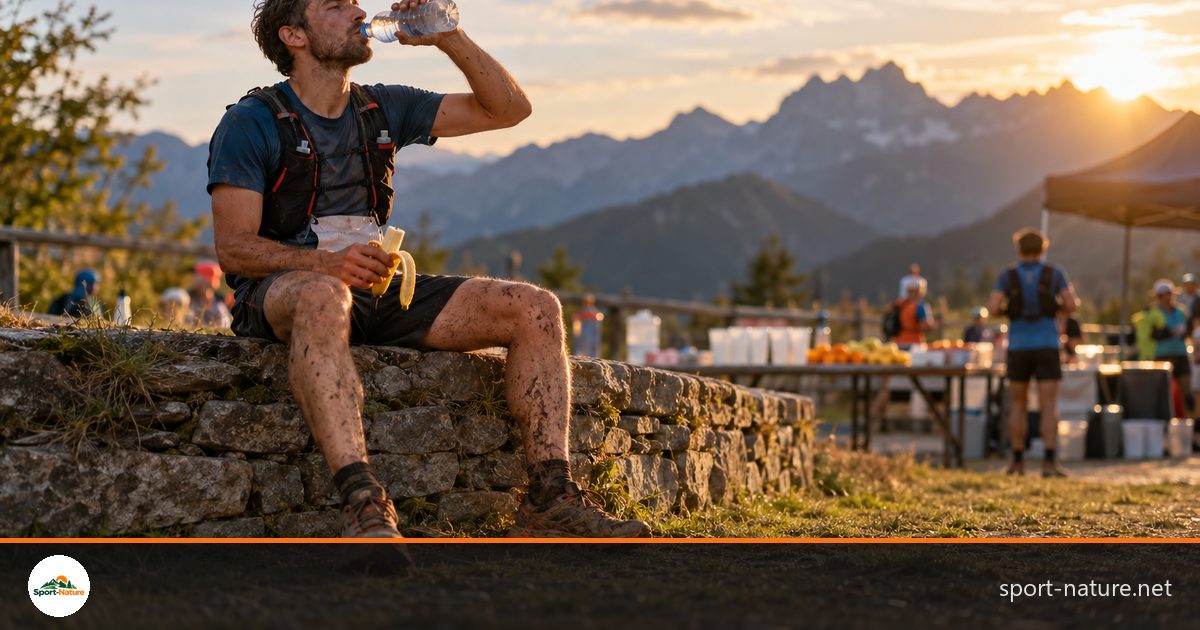 Traileur assis sur un muret de pierre après l’arrivée, jambes boueuses, qui boit de l’eau et mange une banane pour récupérer après un trail en montagne