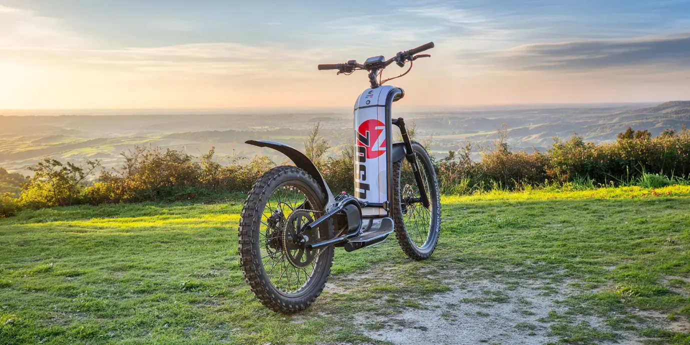 Trottinette électrique tout-terrain Zosh Super Sport posée sur l’herbe face à la vallée au coucher du soleil