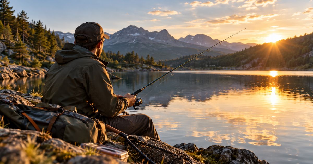 Pêcheur assis au bord d’un lac de montagne au coucher du soleil, canne à pêche en main